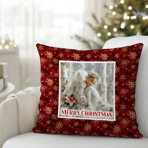 Stylish Angel Poinsettia Red Gold Custom Christmas Throw Pillow