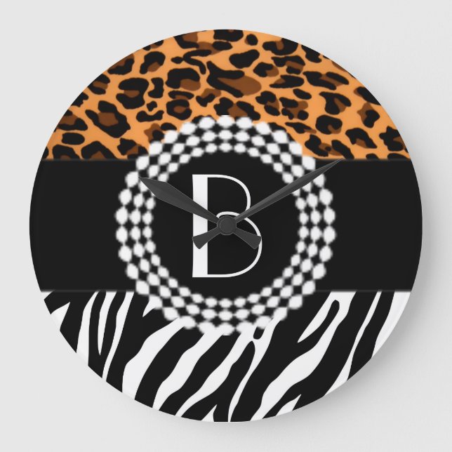 Stylish Animal Prints Zebra and Leopard Patterns Large Clock (Front)