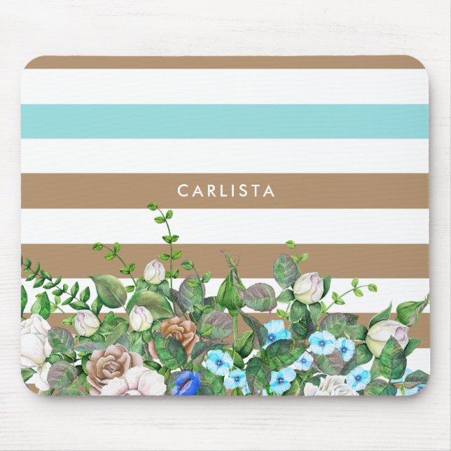 Stylish Aqua and Tan Floral and Stripes With Name Mouse Pad (Front)