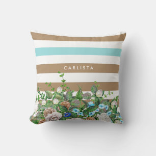 Stylish Aqua and Tan Floral and Stripes With Name Throw Pillow