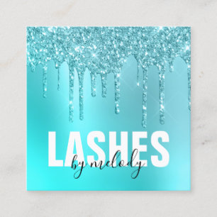 Stylish aqua blue mint glitter drips lashes square business card