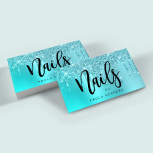 Stylish aqua blue mint glitter drips nails business card