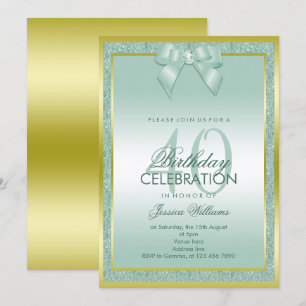 Stylish Aqua Bow & Sparkly Glitter 40th Birthday Invitation
