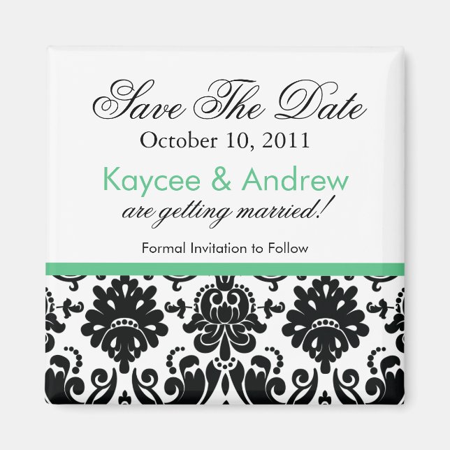 Stylish Aqua Green Damask Save The Date Magnet (Front)