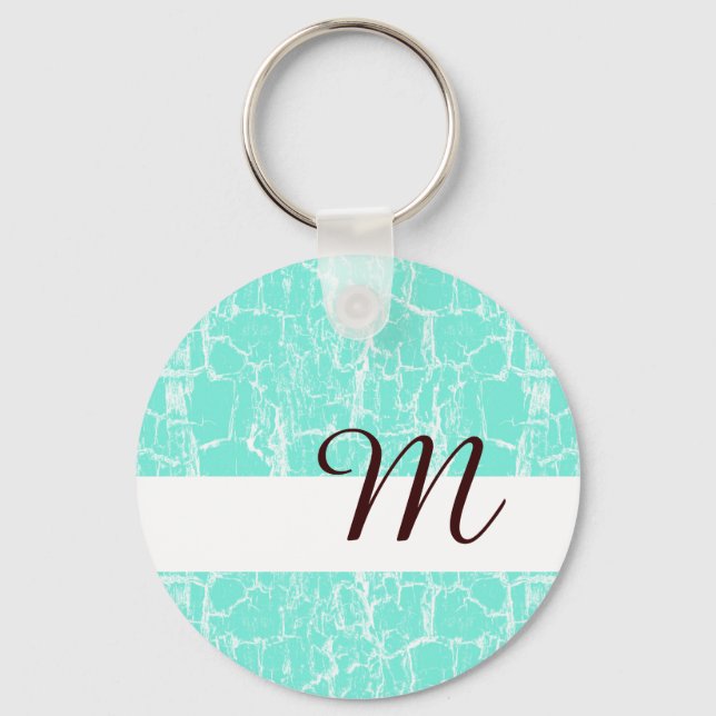 Stylish Aqua Mint Crackle With Monogram Initial Keychain (Front)