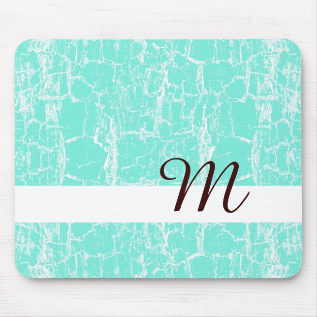 Stylish Aqua Mint Crackle With Monogram Initial Mouse Pad (Front)