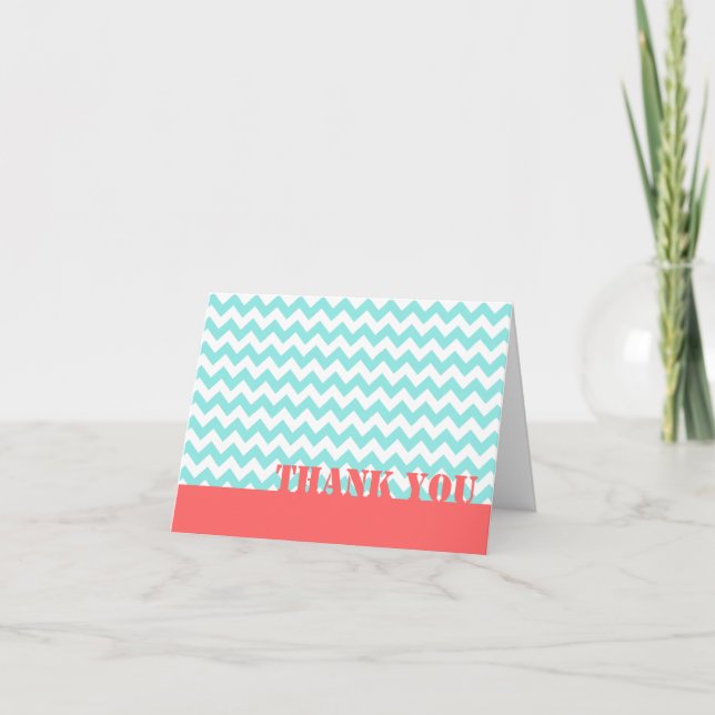 Stylish Aquamarine & Coral Thank You Note Card (Front)
