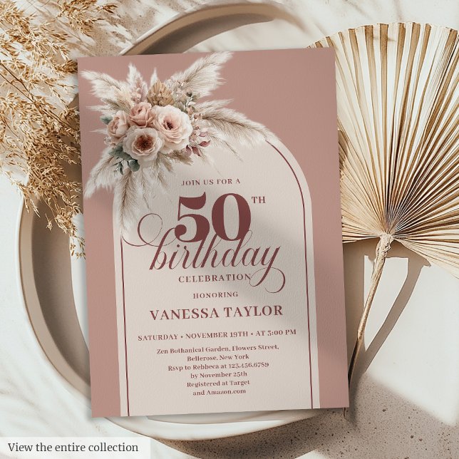 Stylish Arch Pastel Pink Pampas Floral 50 Birthday Invitation (Stylish Arch Pastel Pink Pampas Floral 50th Birthday)