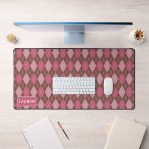 Stylish Argyle Pattern - Pink & Brown Custom Name Desk Mat