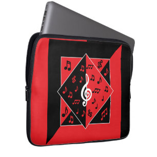 Stylish Art Deco Music Notes Red Black White Laptop Sleeve