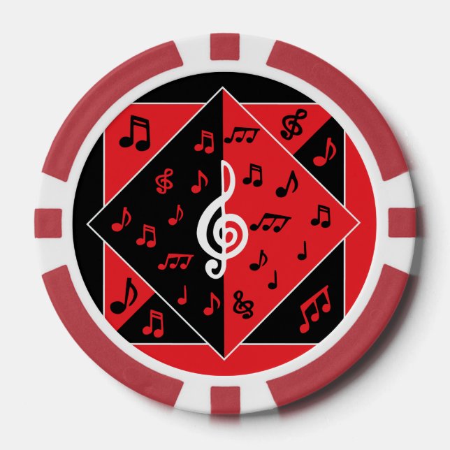 Stylish Art Deco Music Notes Red Black White Poker Chips (Front)
