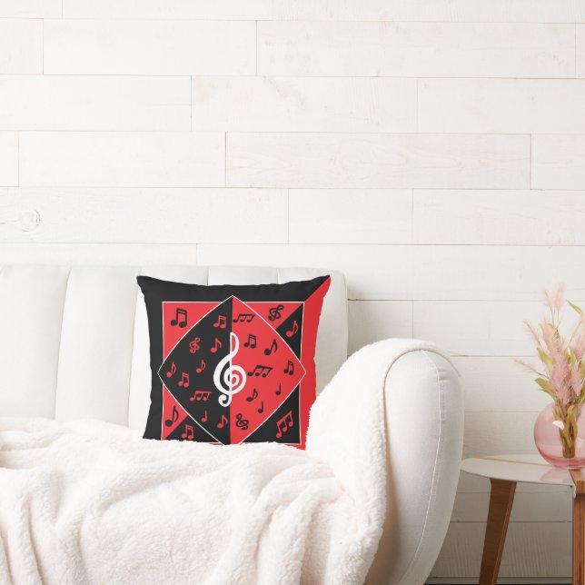 Stylish Art Deco Music Notes Red Black White Throw Pillow (Couch)