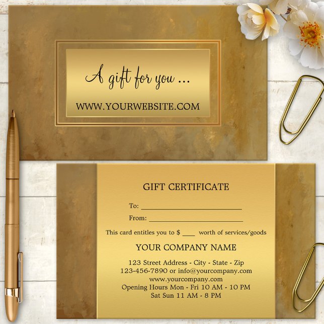 Stylish Artistic Gold Gift Certificate (A modern business card sized gift certificate featuring a classic brown painted design with gold)