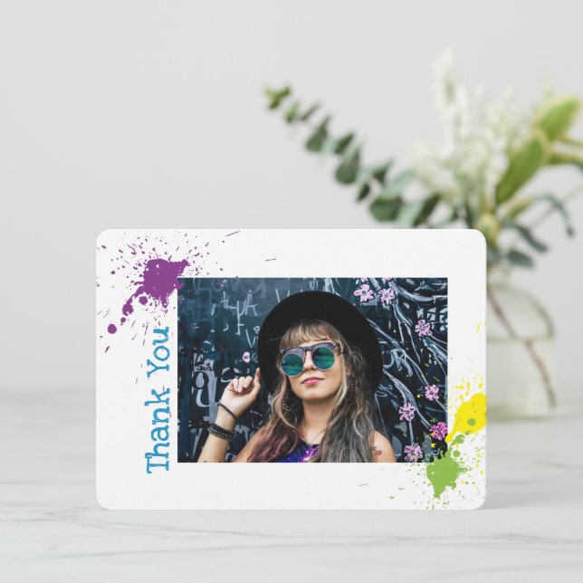Stylish Artistic Paint Spatter Grad Photo Thx Card (Standing Front)