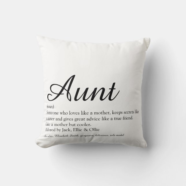 Stylish Aunt Definition Black and White Script Throw Pillow (Front)