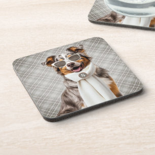 Stylish Australian Shepherd Dog and Plaid Monogram Coaster