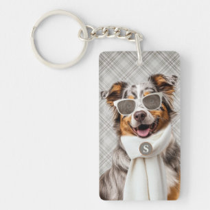 Stylish Australian Shepherd Dog and Plaid Monogram Keychain