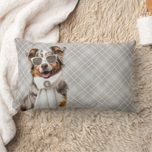 Stylish Australian Shepherd Dog and Plaid Monogram Lumbar Pillow