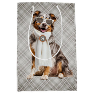 Stylish Australian Shepherd Dog and Plaid Monogram Medium Gift Bag