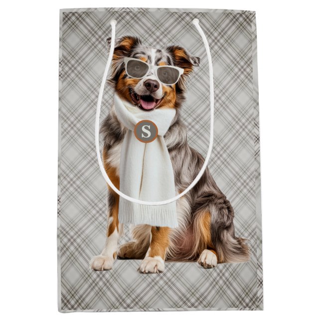 Stylish Australian Shepherd Dog and Plaid Monogram Medium Gift Bag (Front)