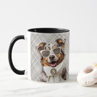 Stylish Australian Shepherd Dog and Plaid Monogram Mug
