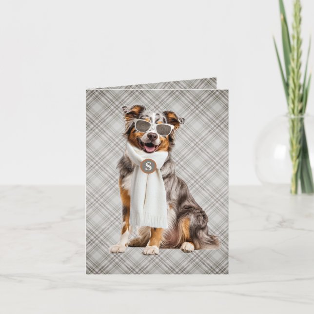 Stylish Australian Shepherd Dog and Plaid Monogram Note Card (Front)