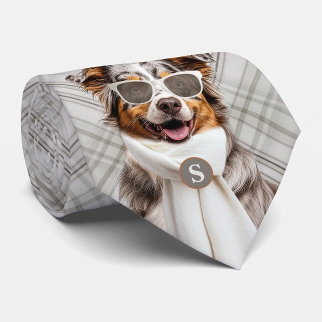 Stylish Australian Shepherd Dog and Plaid Monogram Tie (Rolled)