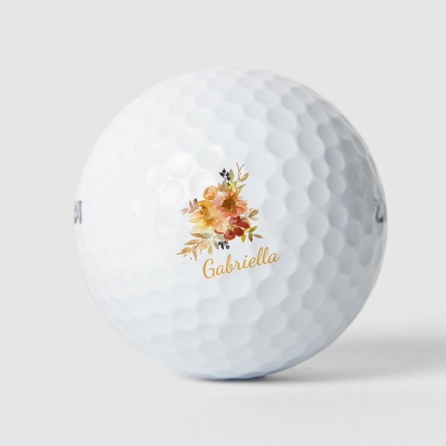 Stylish Autumn Fall Watercolor Floral Personalized Golf Balls (Front)