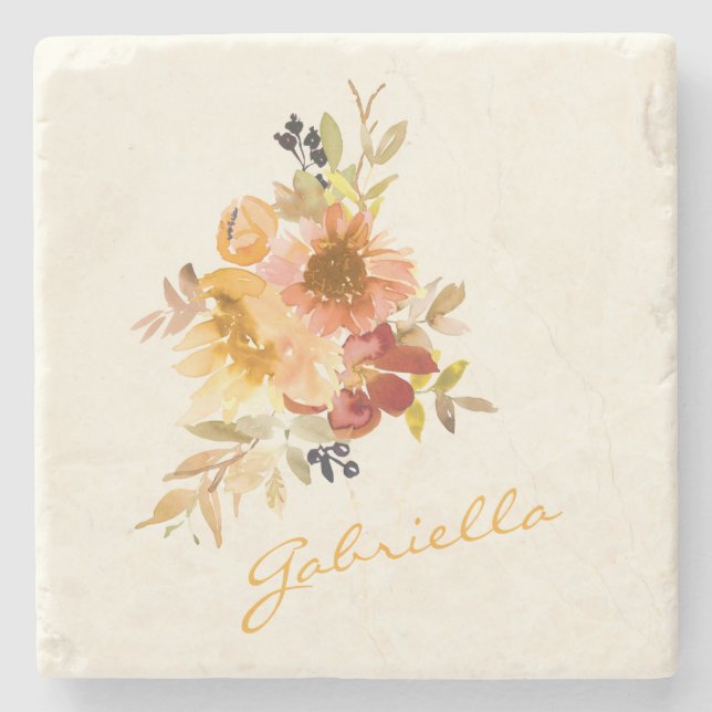 Stylish Autumn Fall Watercolor Floral Personalized Stone Coaster (Front)
