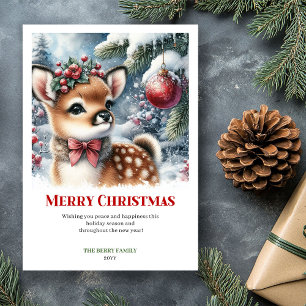 Stylish Baby Deer Snowy Forest Watercolor Christma Holiday Card