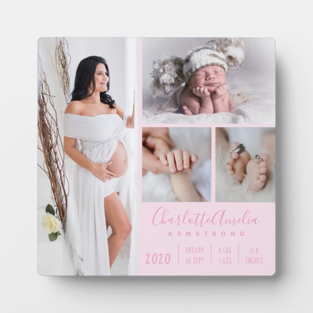 Stylish Baby Photo Family Keepsake Light Pink Plaque (Front)