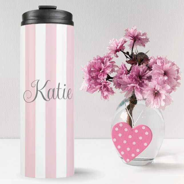Stylish Baby Pink and White Stripes Custom Thermal Tumbler (Creator Uploaded)