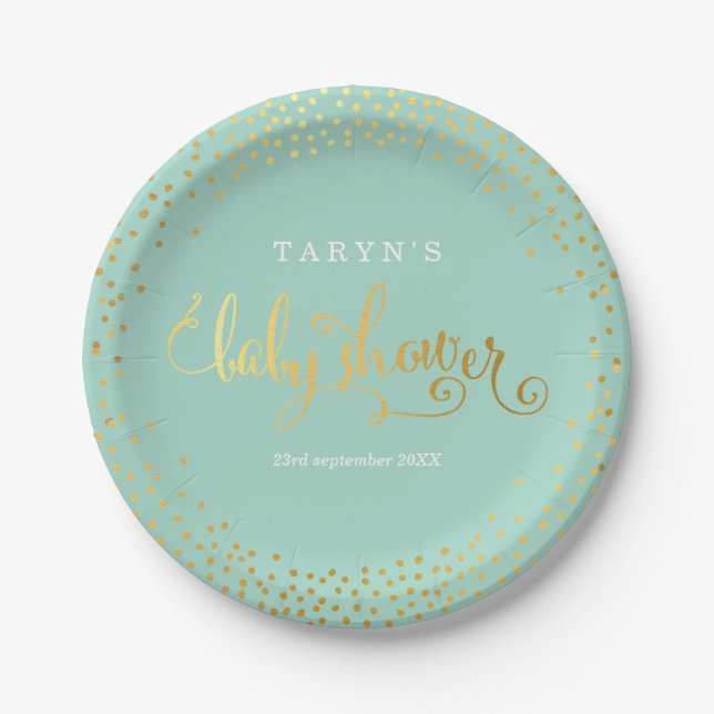 STYLISH BABY SHOWER mini confetti gold mint Paper Plate (Front)
