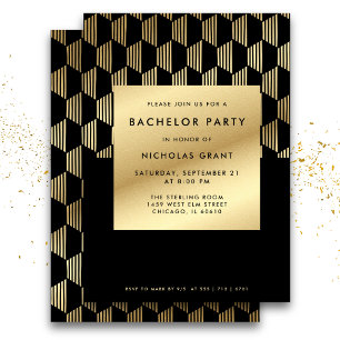 Stylish Bachelor Party Modern Black and Gold Foil Invitation