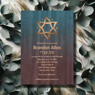 Stylish Bar Mitzvah Brown and Teal Copper Star Invitation