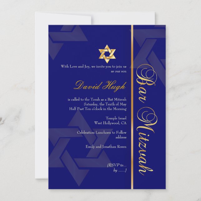 Stylish Bar Mitzvah/dark blue/gold Invitation (Front)