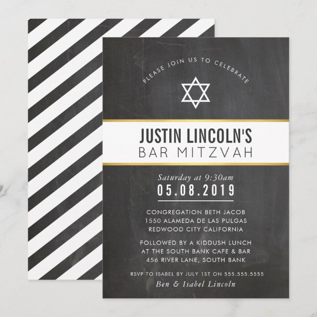 STYLISH BAR MITZVAH minimal grey chalkboard gold Invitation (Front/Back)