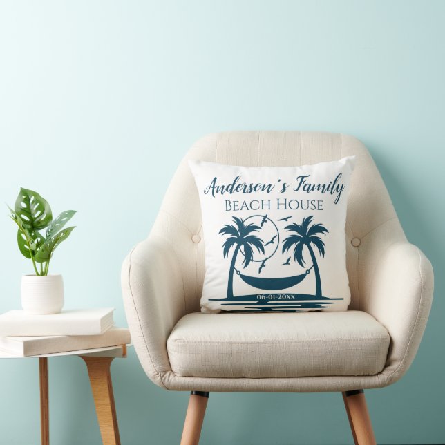 Stylish Beach House Palm Tree Hammock Family Name Throw Pillow (Chair)