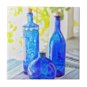 Stylish Beautiful 3 Blue Glass Sunny Bottles Tile