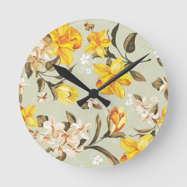 Stylish beautiful bright floral pattern round clock (Front)