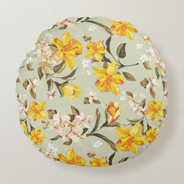 Stylish beautiful bright floral pattern round pillow (Front)
