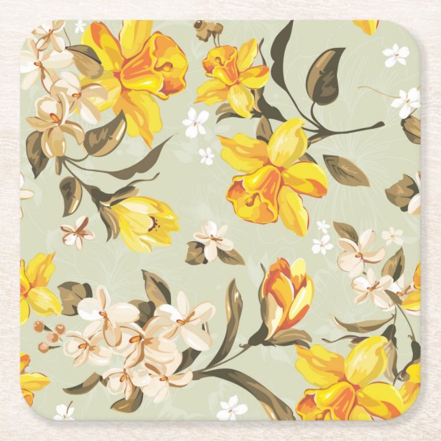 Stylish beautiful bright floral pattern square paper coaster (Front)