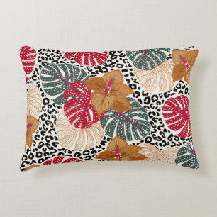 Stylish beautiful tropical forest print on leopard accent pillow