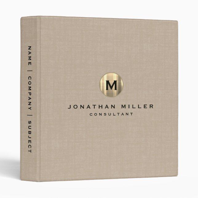 Stylish Beige Linen Gold Monogram Binder (Front/Spine)