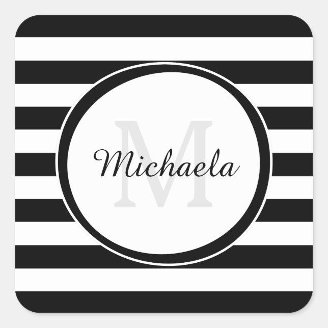 Stylish Bengal Stripes and Name in Black and White Square Sticker (Front)