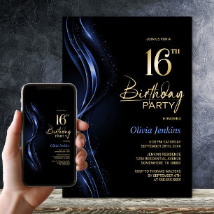 Stylish Black and Blue 16th Birthday Party Invitation