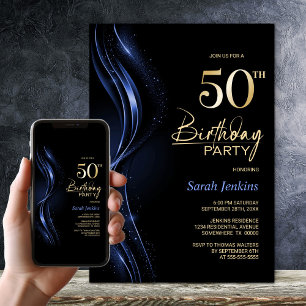Stylish Black and Blue 50th Birthday Party Invitation
