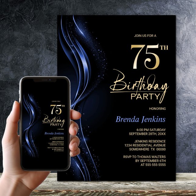Stylish Black and Blue 75th Birthday Party Invitation (Creator Uploaded)