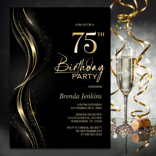 Stylish Black and Gold 75th Birthday Party Invitation