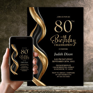Stylish Black and Gold 80th Birthday Party Invitation